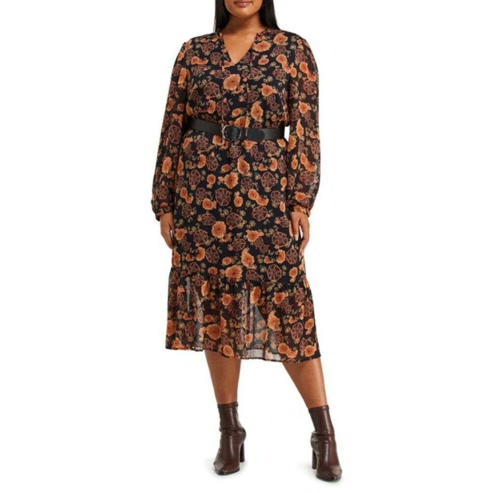 NWT Estelle Golden Blooms Floral Print Black Midi‎ Dress Plus Size 1X